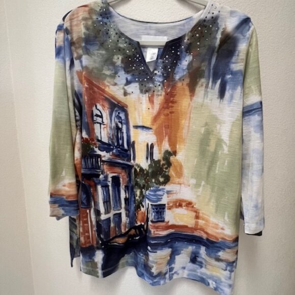 Alfred Dunner Tops - Artsy Beaded Sparkles Boho Romantic Italian Venice Scenic V-neck Top Size L